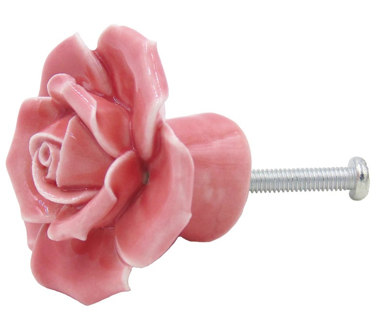 Tecrio 2pcs-Pack Ceramic Vintage Floral Rose Dresser Closet Kitchen Cupboard Deawer Knobs Handle Decor Pulls w/Screws (Pink) - Image 3